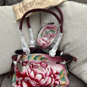 Floral Hand Painted Leather Burgundy Handbag Set